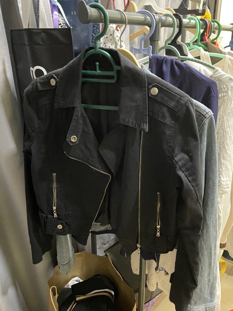 Black denim biker jacket, Women's Fashion, Coats, Jackets and Outerwear