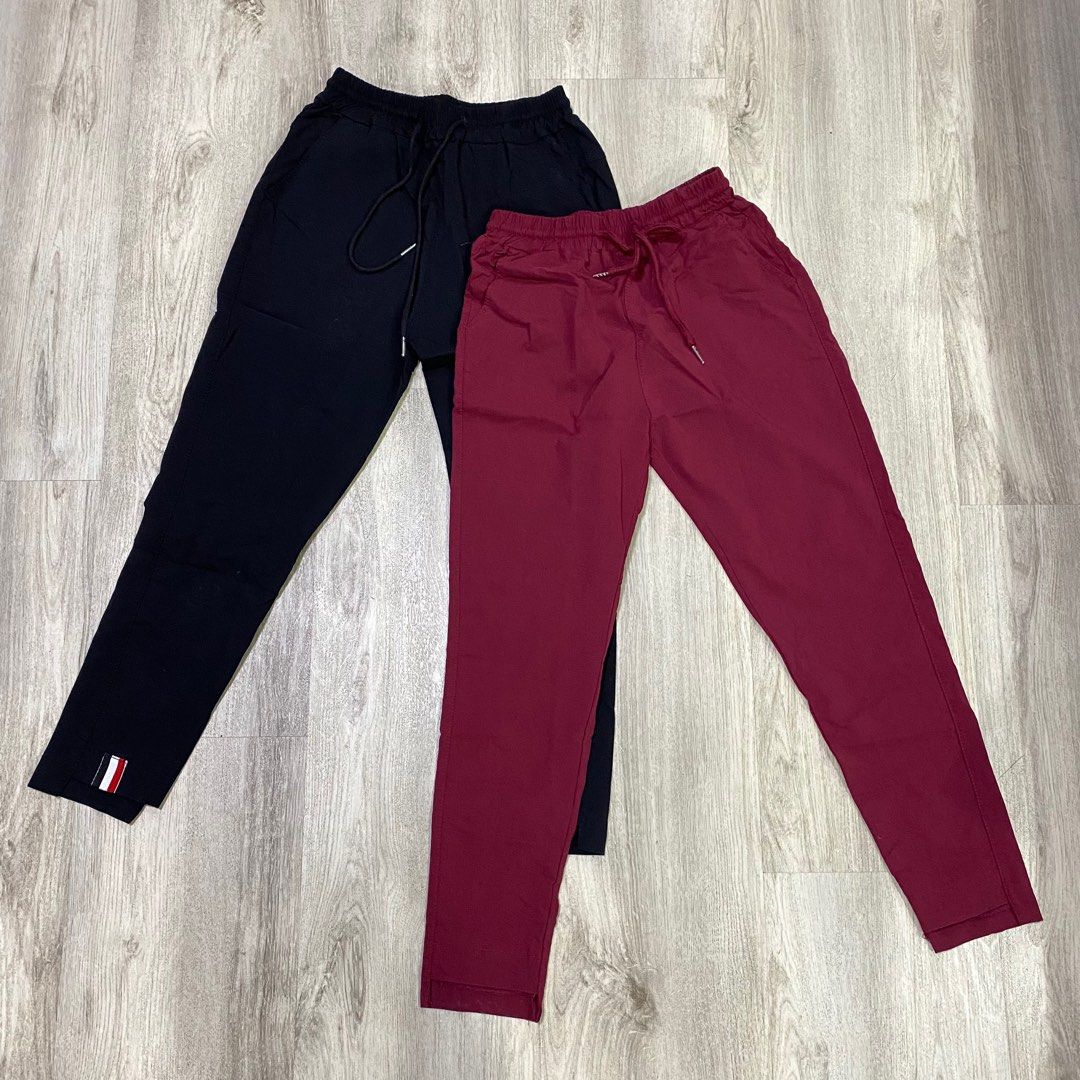 BUNDLE | Black & Maroon Trousers (S-M) (Category: Other Bottoms) located in Antipolo. Submitted by acecapsuleph (Listing ID 1254045520, Image 2). Description: ▫️bought this for 250 each (so 500 for this two pants) ▫️Super nice ng tela nito hindi siya madaling malukot, di rin mainit.