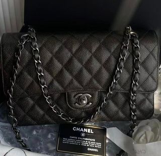 $9000 CHANEL Classic single Flap Bag Black caviar jumbo 24k gold plated hw