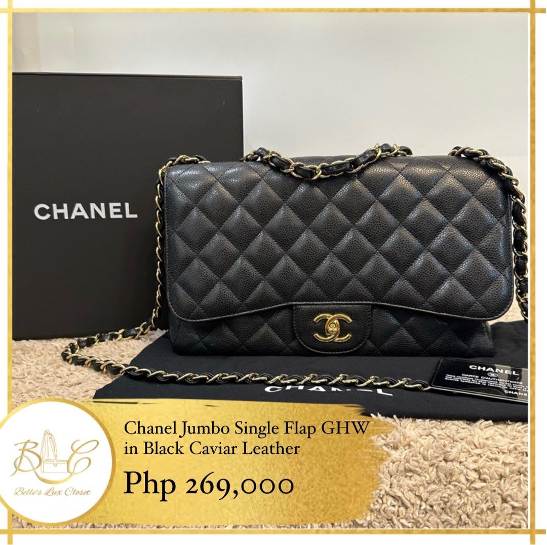 100% genuine Chanel Classic black caviar jumbo single flap excellent Con  receipt
