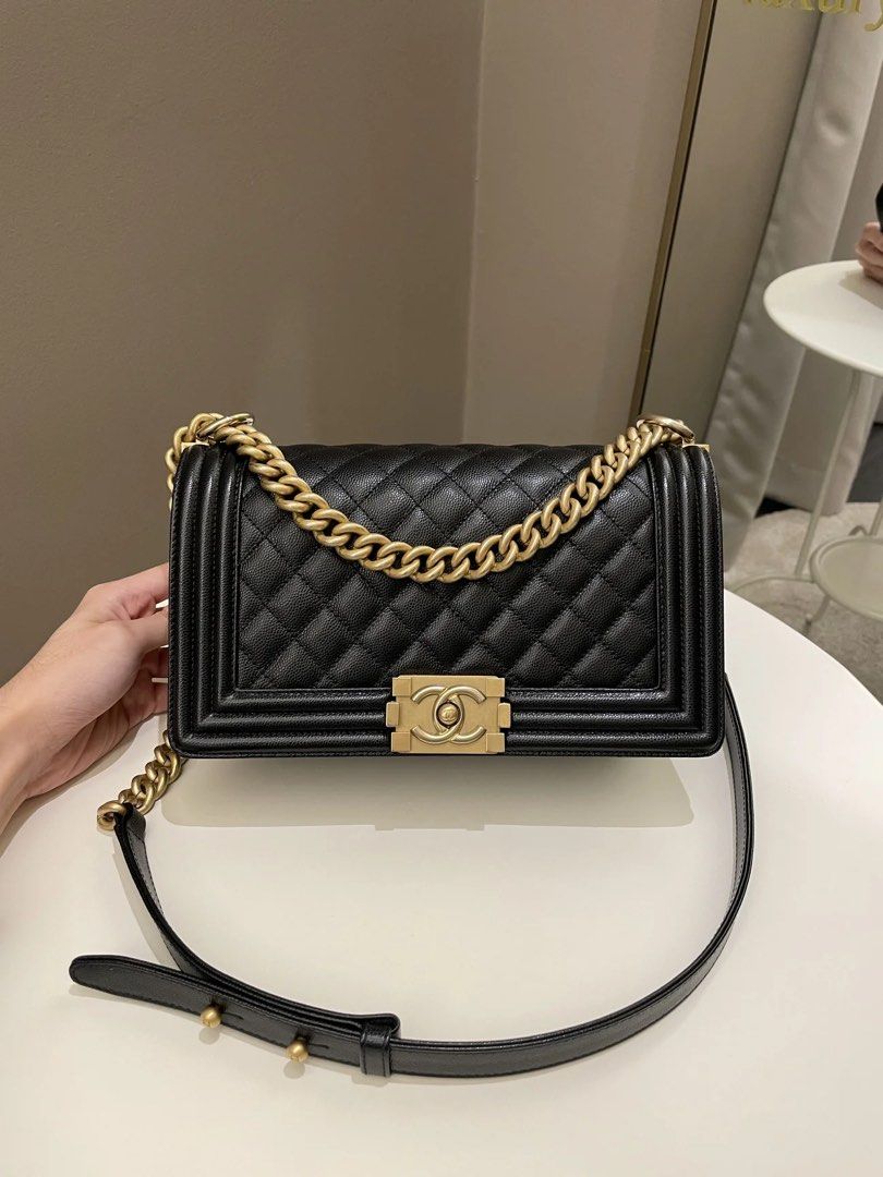 Chanel Le Boy Old Medium Handbag in Black Grained Calfskin and Gold Hardware