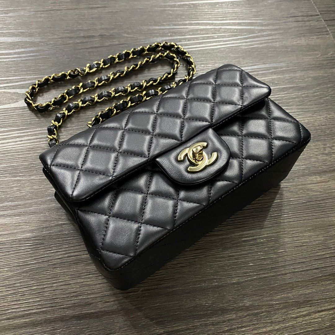 Chanel: Mini Flap Bag Rectangular - Black Lambskin with Light Gold