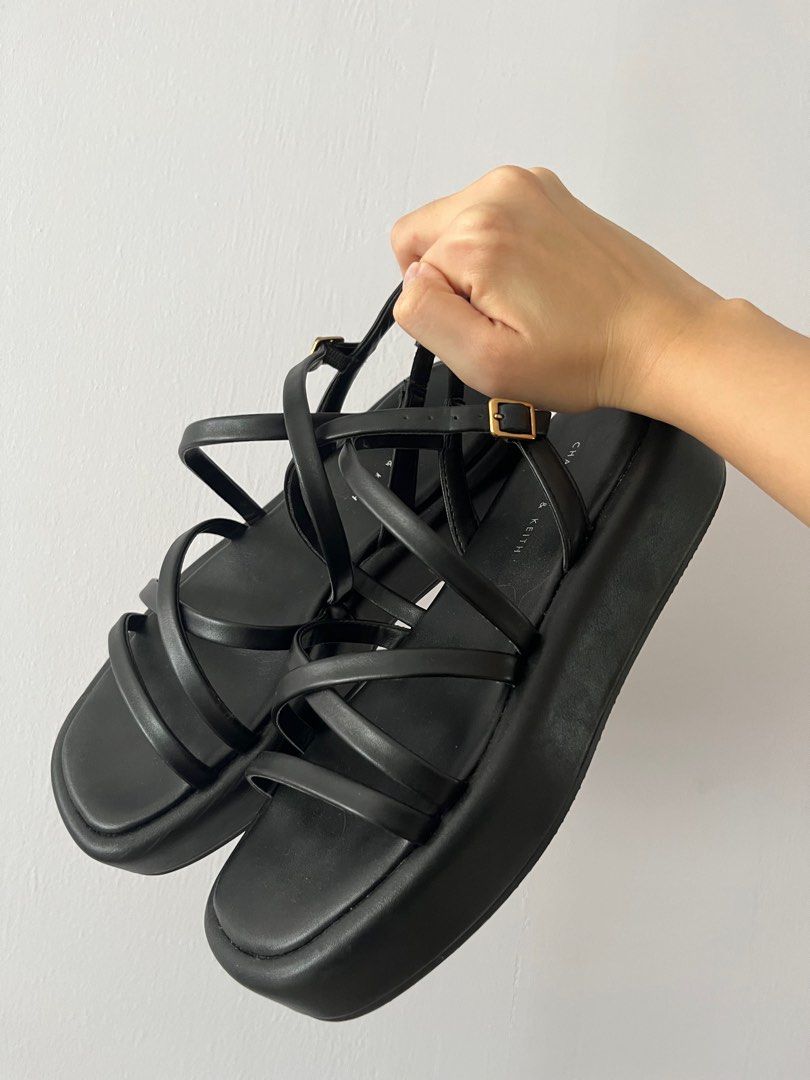 Black Strappy Padded Flatforms - CHARLES & KEITH TH