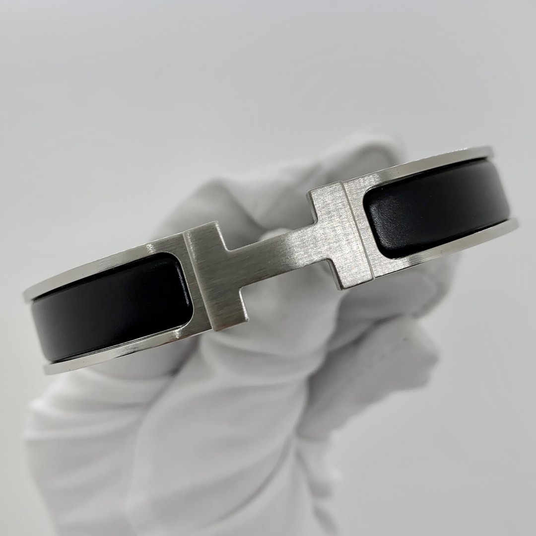 HERMES Clic HH Matte Enamel Navy Black Gray Palladium Plated Bracelet T6  Unisex