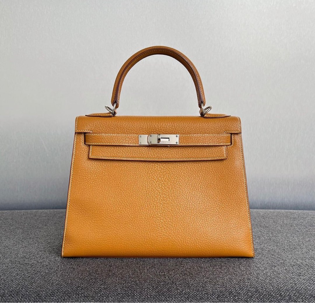 Hermes Kelly 28 Ostrich Toffee GHW Stamp Square E