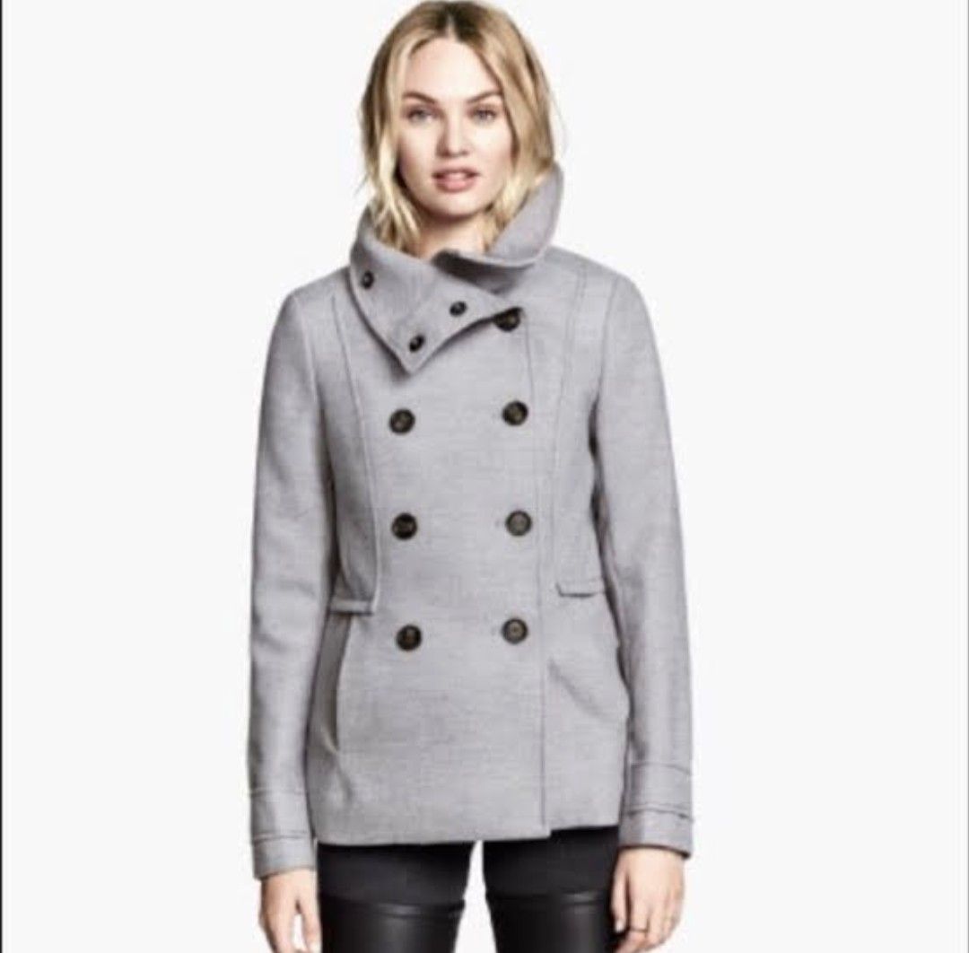 H M Double Breasted Peacoat Light Marbled Grey Comfort Collar Trench Jacket Size 2