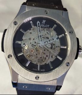 Hublot Exhibition Front Back Automatic Vendome 582666 Geneva Collection 42mm 3ATM WR Stainless Steel Case Men's Watch Black Silicone Strap Deployant Clasp