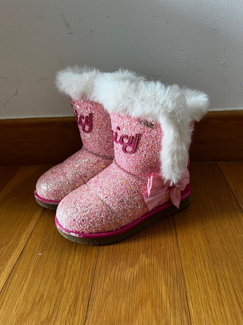 Juicy Couture Pink Sparkly Fur lined Snow Boots with bows US 11