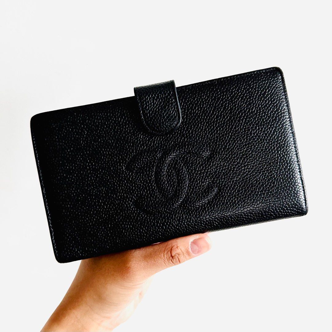 Chanel Vintage Chanel Black Caviar Leather CC Logo Long Wallet