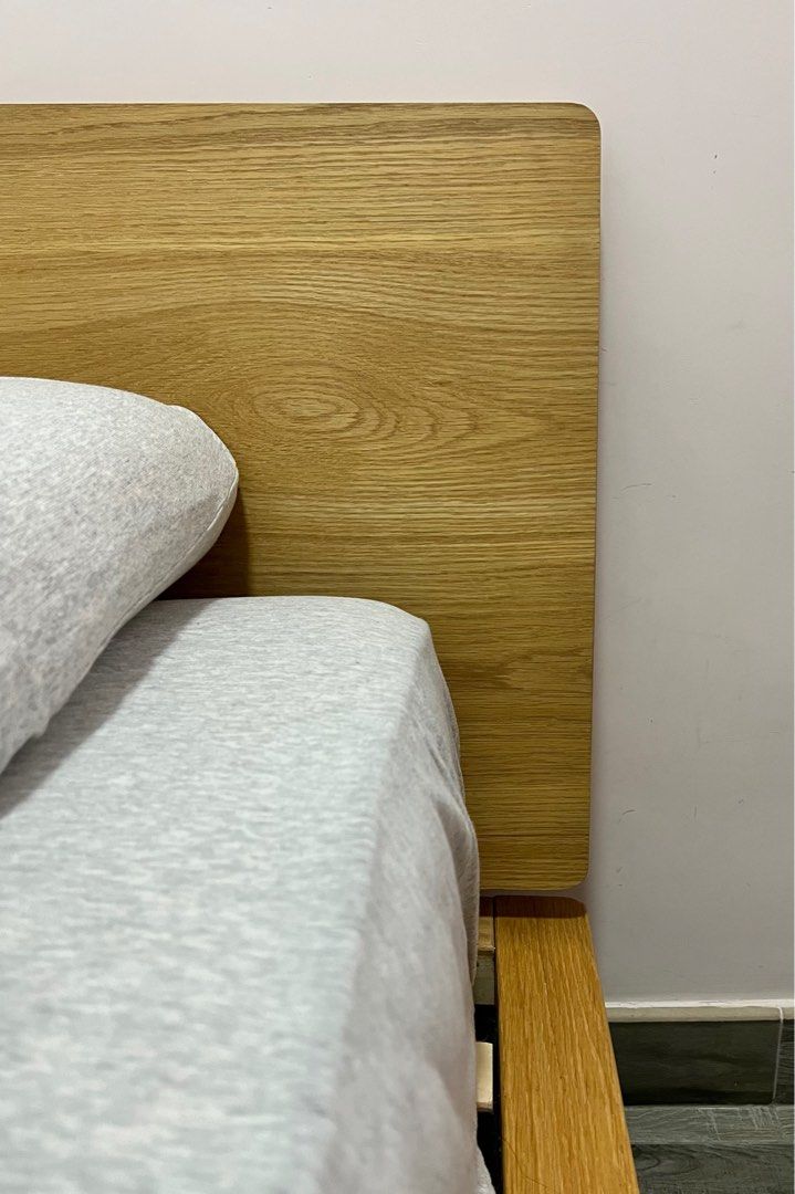 Muji oak wood double bed frame headboard