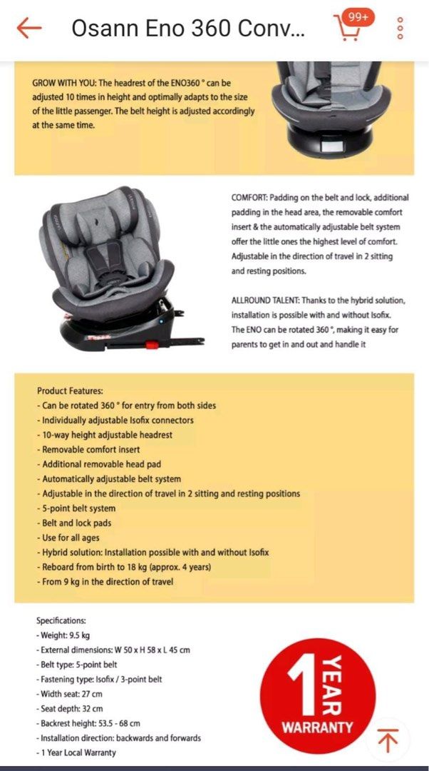 Osann Eno 360 convertible Car Seat, Babies & Kids, Going Out, Car Seats ...
