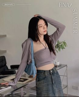 Perdot 氣質款綁帶平口bra top+薄長袖外套set