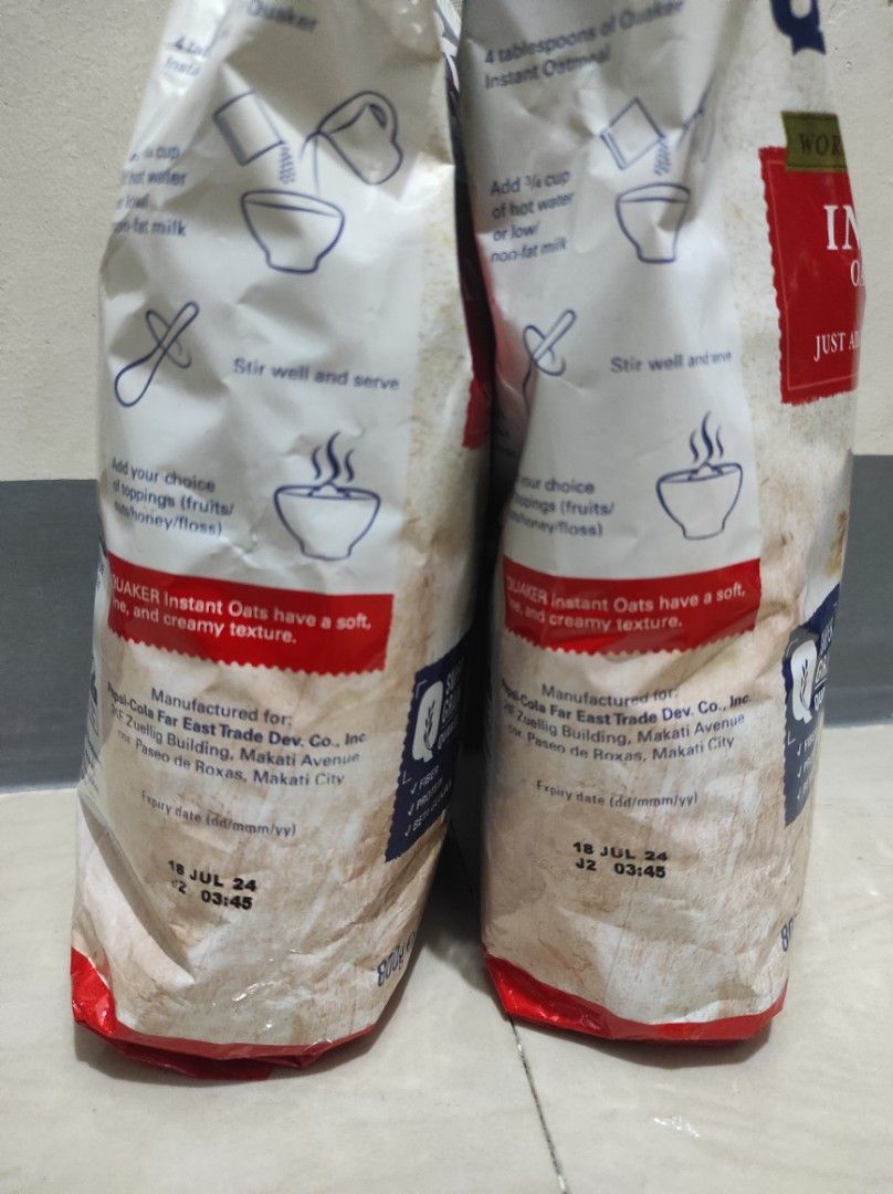 Quaker Instant Oatmeal (Category: Packaged & Instant Food) located in Quezon City. Submitted by steeldesign (Listing ID 1253923369, Image 3). Description: Php 240 for two Best before: July 18, 2024.