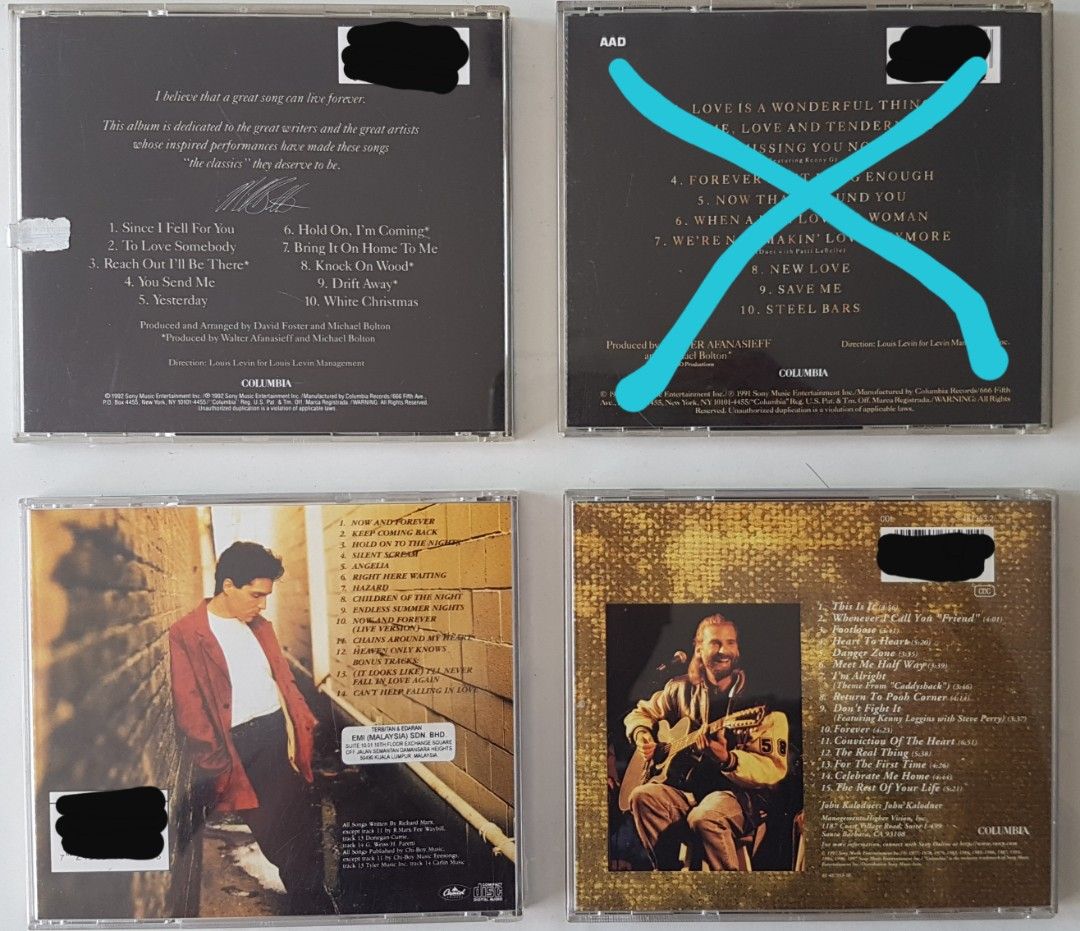 Rock Ballads CDs ( Michael Bolton / Richard Marx / Kenny Loggins ) (Category: CDs & DVDs) located in Singapore. Submitted by jonash2021 (Listing ID 1253889846, Image 2). Description: Rock Ballads CD (Michael Bolton / Richard Marx / Kenny Loggins) $8 per CD ("X" = Sold) Take all 3 CDs for $22 only. CDs are in fair & playable conditions, not for fussy buyer. Self collect at Kovan MRT NE13 Exit A (from station control exit side) OR postage by normal