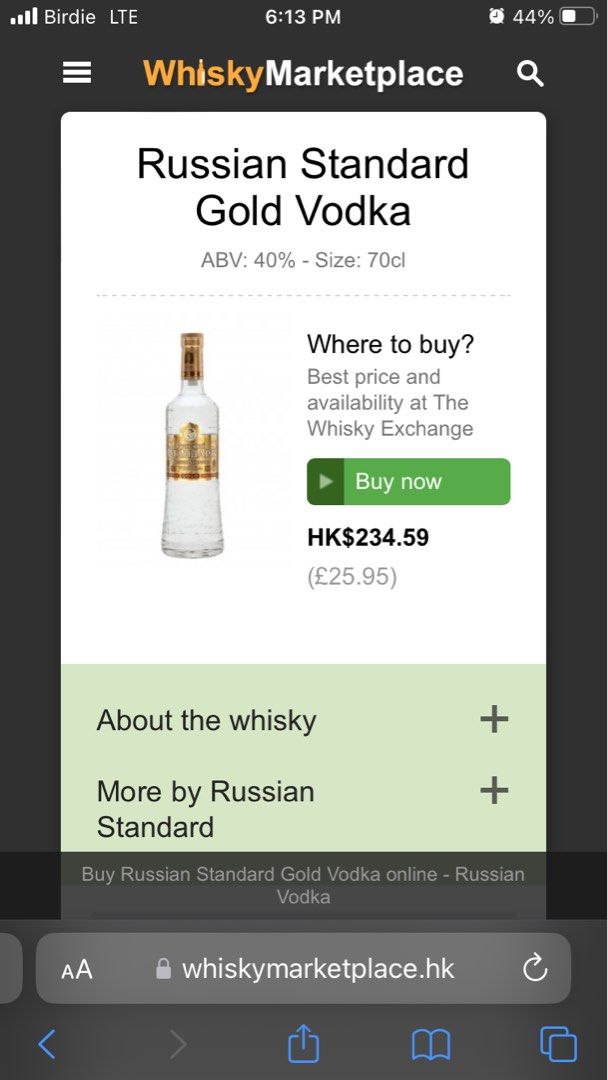 Russian standard gold vodka, 嘢食& 嘢飲, 酒精飲料- Carousell