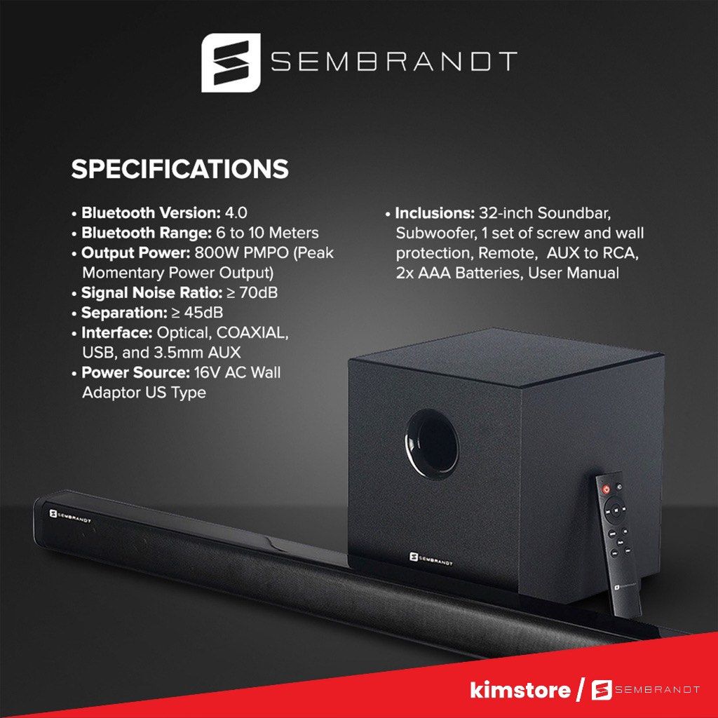 Sembrandt HT3000 Soundbar with Subwoofer Audio Soundbars