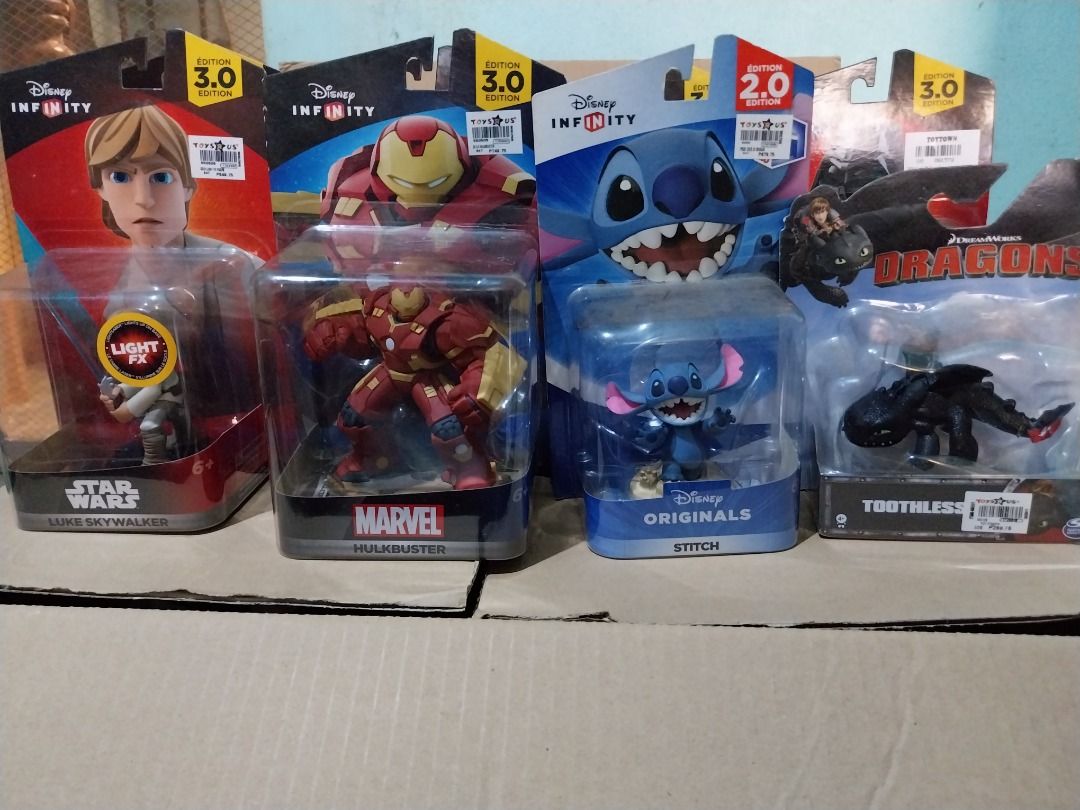 Disney Infinity and other figures (Category: Figurines & Statues) located in Makati City. Submitted by g3labee (Listing ID 1253894618, Image 2). Description: Original prices when the items were obtained: Darth Vader - 900 Luke Skywalker - 849 Obi-Wan Kenobi - 849 Anakin Skywalker - 849 Darth Maul - 750 Stitch - 879 Hulk Buster - 749 (SOLD) Toothless - 299.