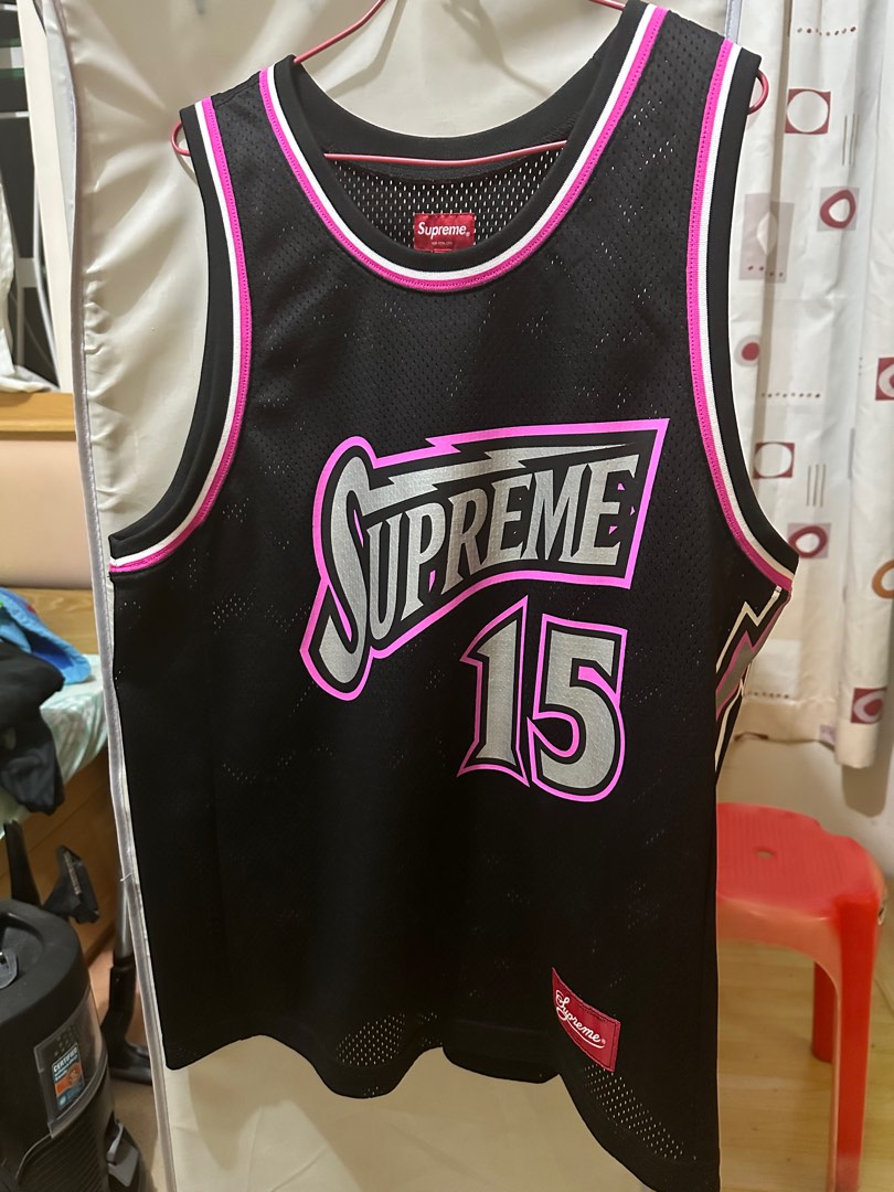 Supreme basketball black pink jersey, 名牌, 服裝- Carousell