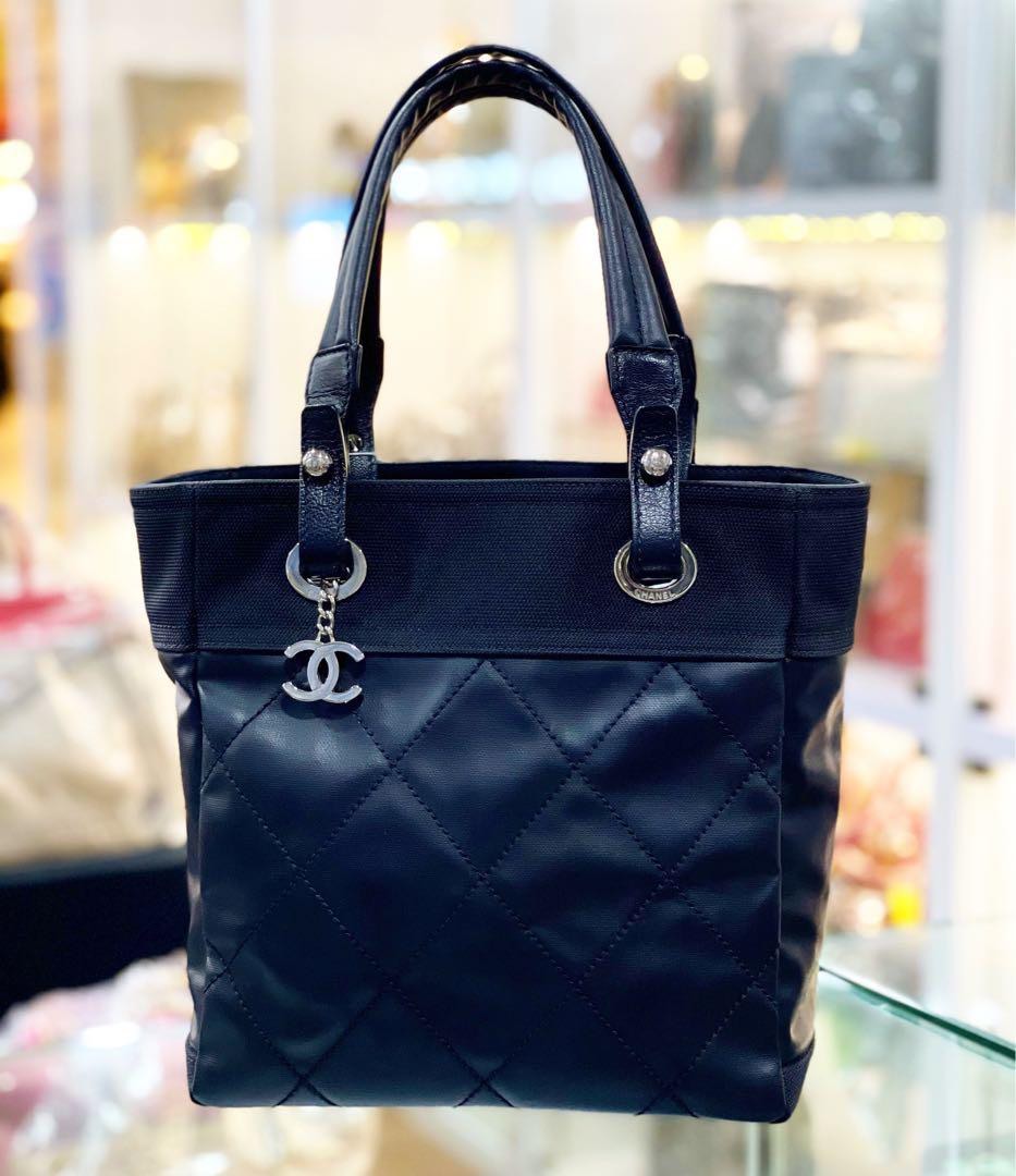 CHANEL Paris Biarritz Tote Black Coated Canvas Leather Small Tote