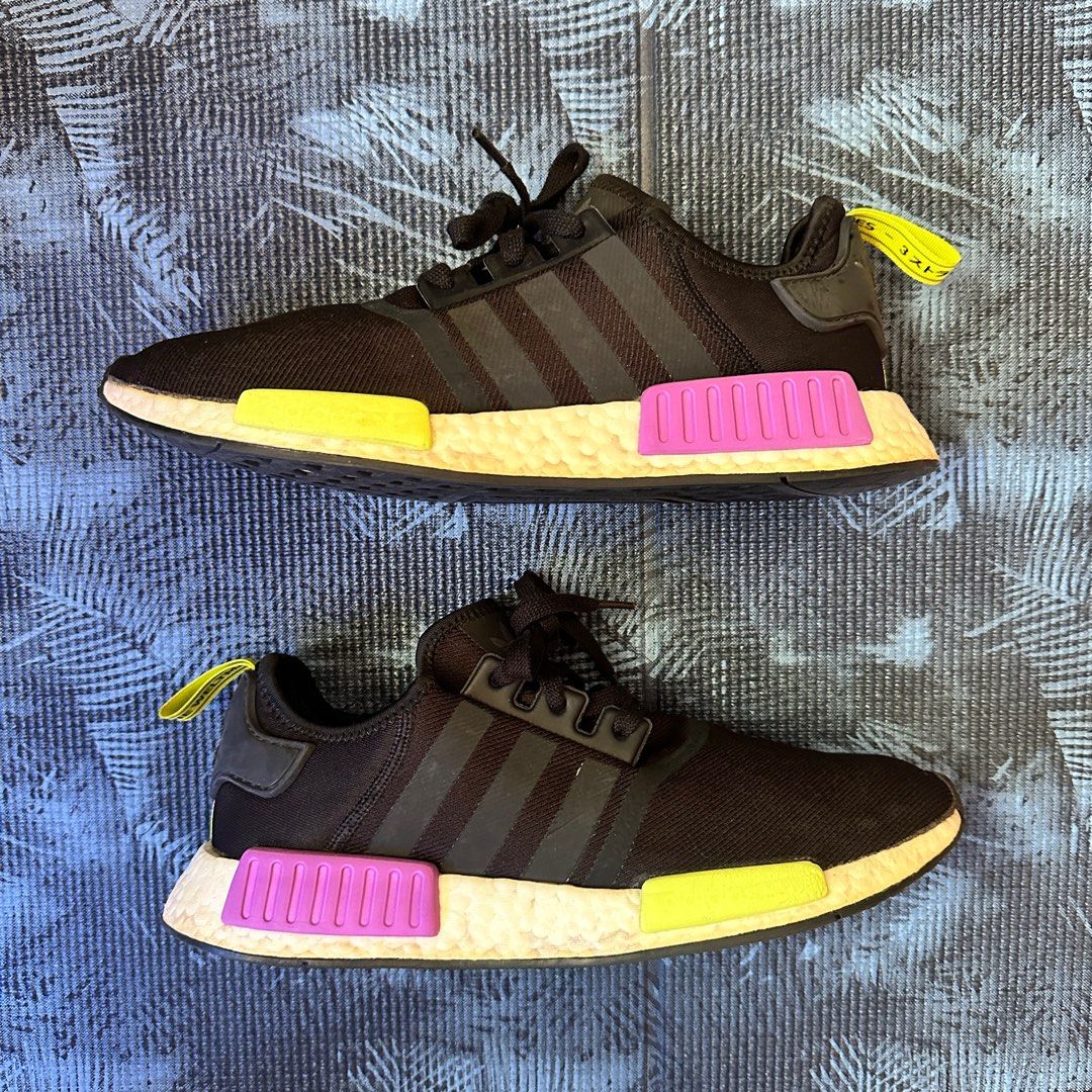 US 10.5 UK 10 Adidas NMD R1 Core Black Shock Purple Semi Solar Yellow D96627