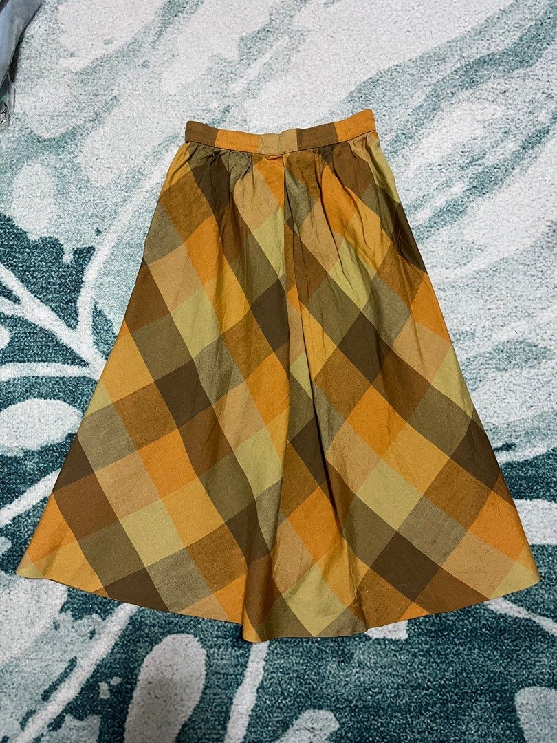 Vintage Retro Checkered Orange Midi Skirt Women s Fashion