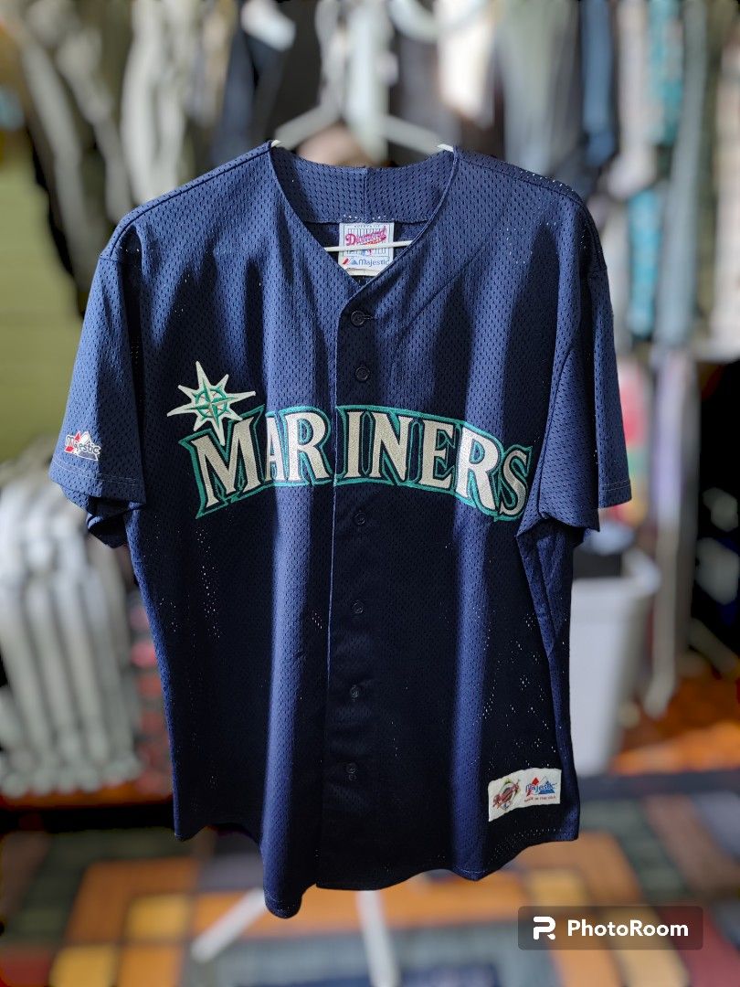 Vintage Majestic Seattle Mariners Jersey Navy Mesh Two Button Collar Size L