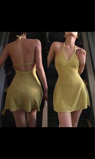 Yellow pleated dress backless summer dress