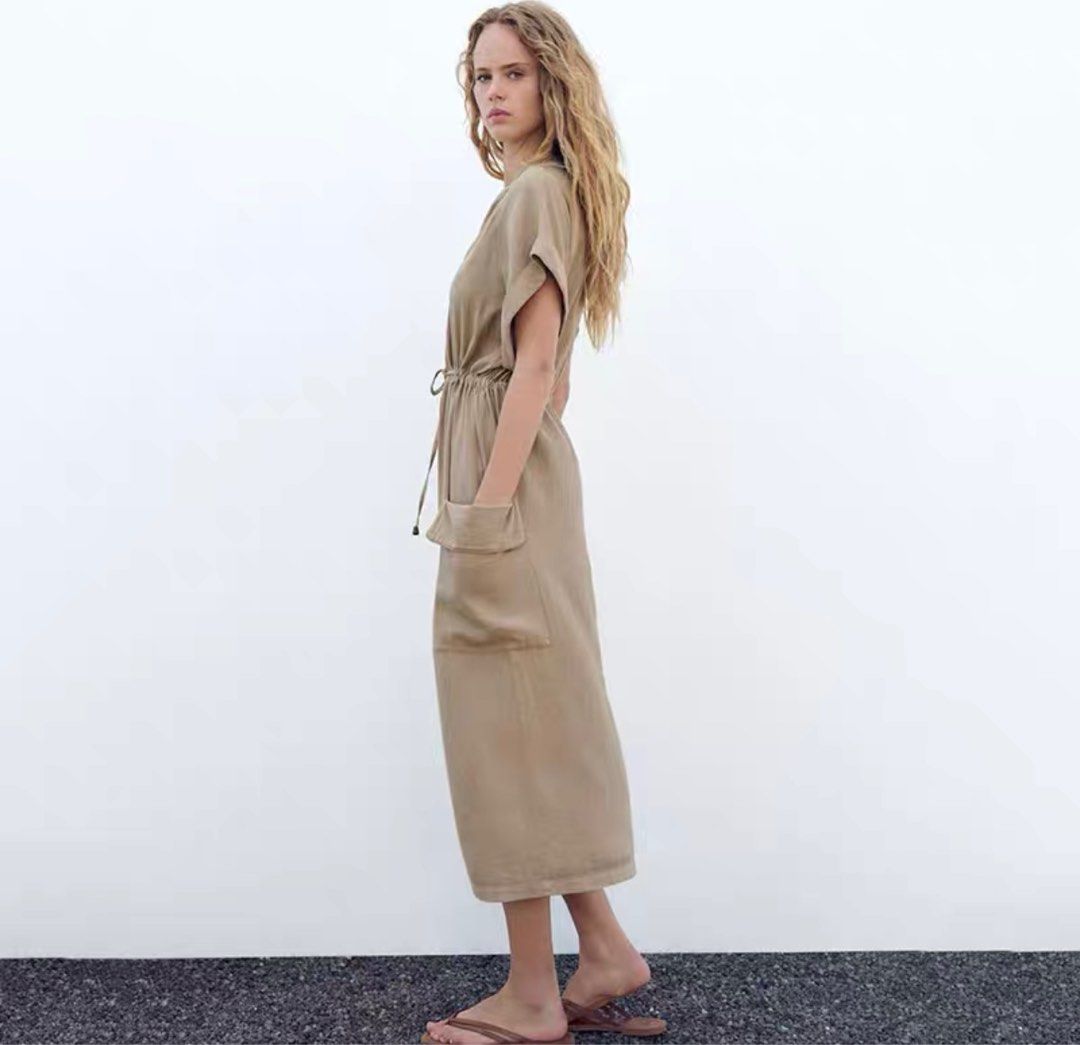 Zara 2023 Linen Blend Taupe Khaki Brown Drawstring Waist Midi