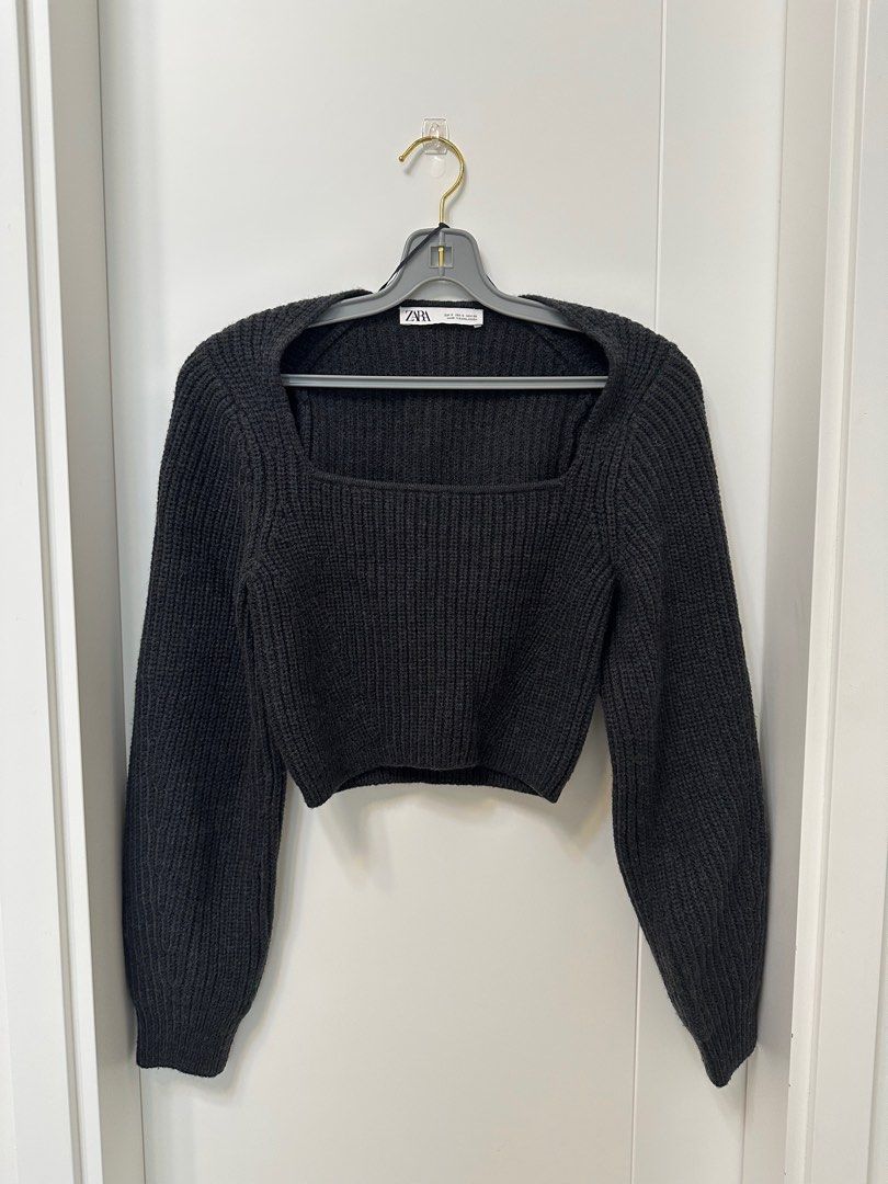 Zara 長袖冷衫wool cropped sweater square neck long sleeve, 女裝