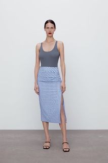 Zara Blue Plaid slit Textured Runched Skirt