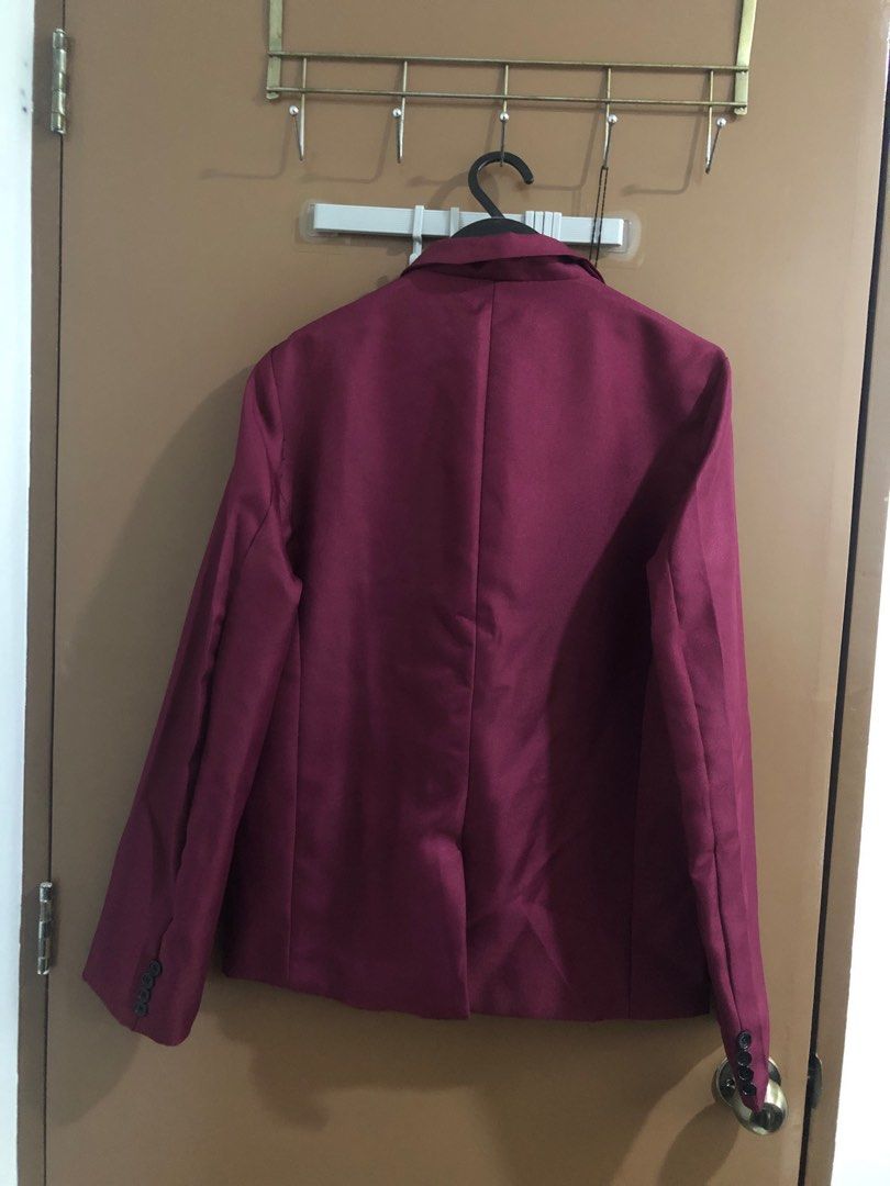 2-piece Formal Suit Tuxedo Coat (Category: Coats, Jackets and Outerwear) located in San Mateo. Submitted by felipejef (Listing ID 1254140556, Image 2). Description: Wine Red Coat and Pants good for formal events only used once, for cosplay dimensions: check last image bought from shopee last 2022 for 750.