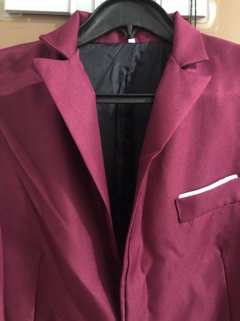 2-piece Formal Suit Tuxedo Coat (Category: Coats, Jackets and Outerwear) located in San Mateo. Submitted by felipejef (Listing ID 1254140556, Image 3). Description: Wine Red Coat and Pants good for formal events only used once, for cosplay dimensions: check last image bought from shopee last 2022 for 750.