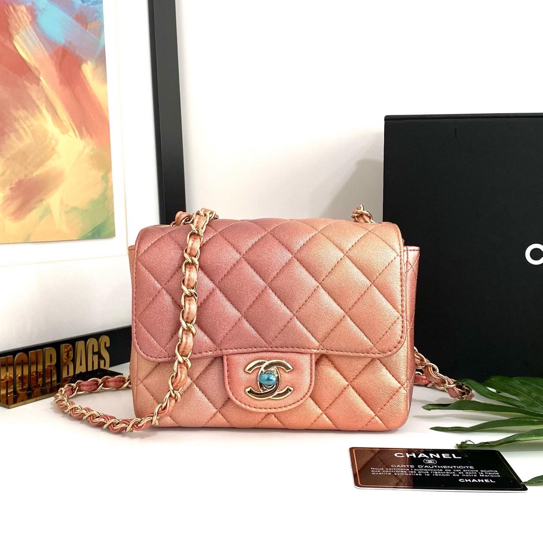 💯% Authentic Chanel Metallic Rose Lambskin Mini Rectangular Ombré Flap Bag  with LGHW