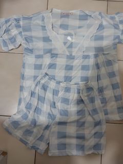 baju tidur 1 set korean style motif blue kotak-kotak