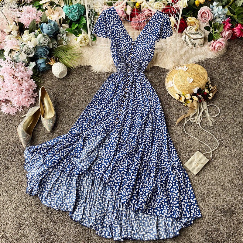 BN Blue Floral Long Summer Dress Low Back Women s Fashion