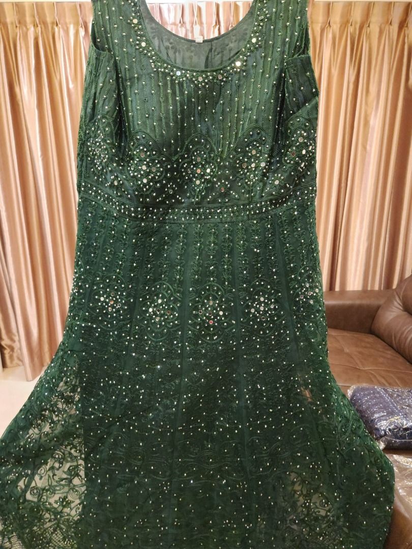 green emerald velvet dress Bottle Green Chiffon Frilly Jacket Set