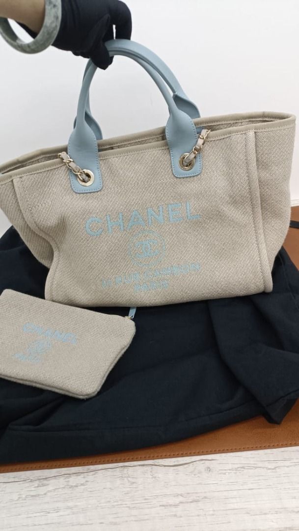 CHANEL Deauville Tote Large Green Canvas Silver Hardware 2018 - BoutiQi Bags