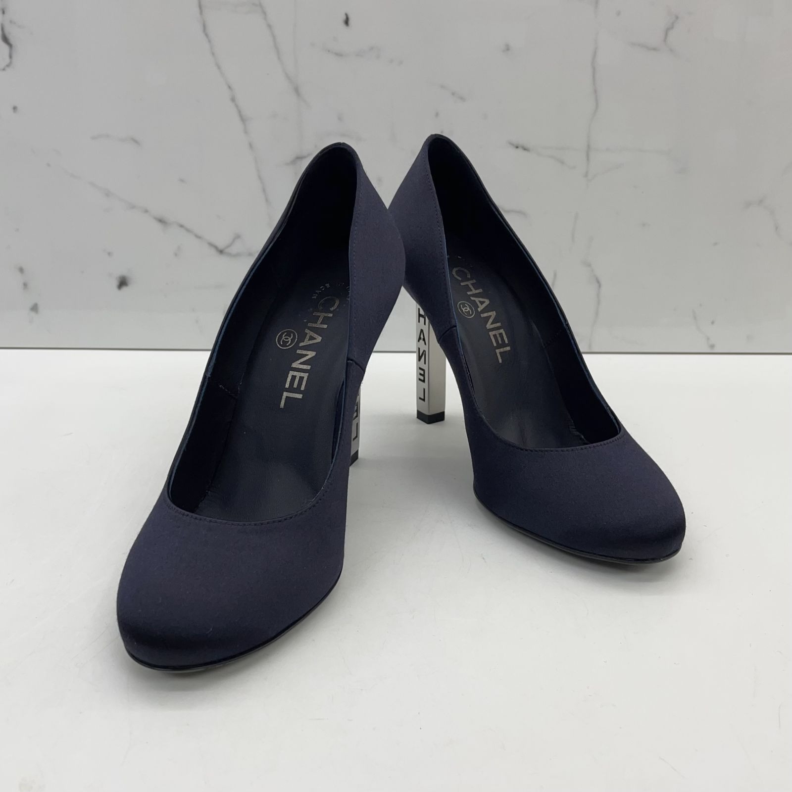 navy satin heels