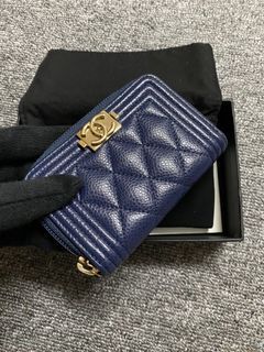 專櫃正品Chanel藏藍色荔枝Boy淡金釦零錢卡包（限時優惠價）