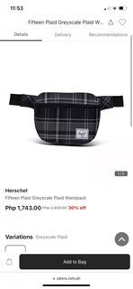 Herschel Fifteen Plaid Greyscale Plaid Waistpack 1500 only