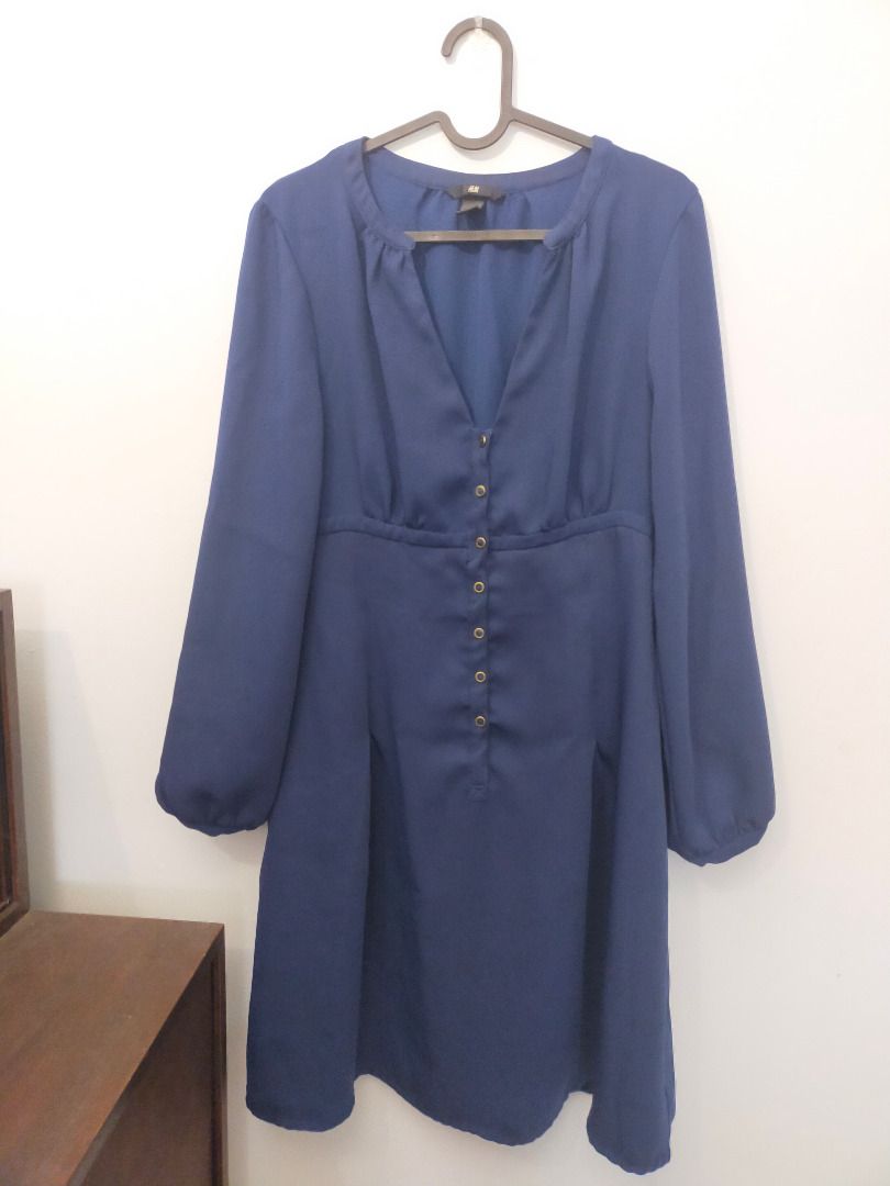 H M long sleeved knee length dark blue dress size EU 42 US 12