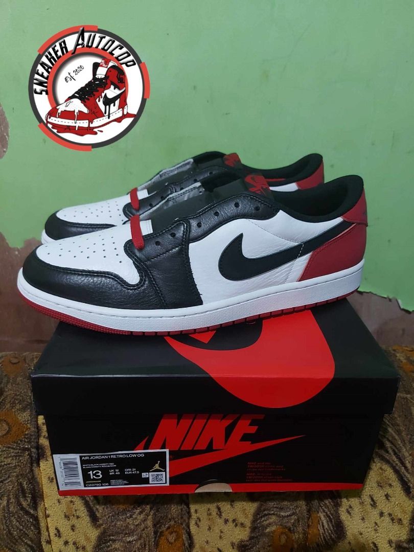 Jordan 1 Low OG "Black Toe" size 13 (Category: Sneakers) located in Quezon City. Submitted by nardzbreezy (Listing ID 1254148659, Image 1). Description: Jordan 1 Low OG "Black Toe" size 13 --- Php 6,500 only slightly negotiable. dm me QC area. (All items are legit, I hate fakes! please see sneaker groups and search for my name Bernard Rojas Bello or type #nardsbreezy).
