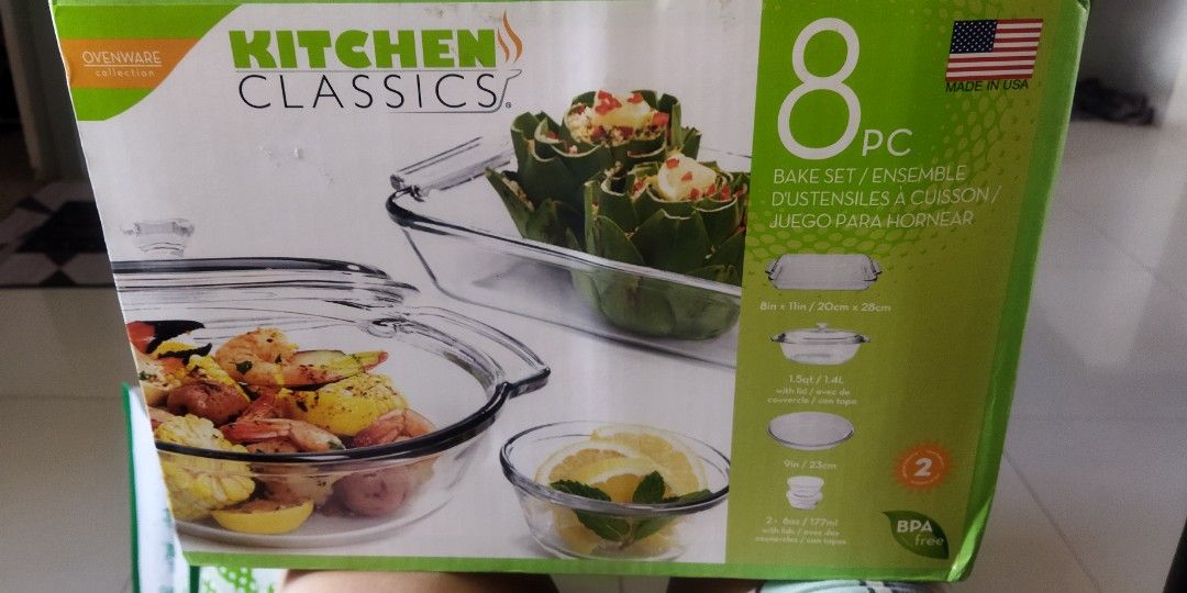 Kitchen Classics 8 pc Glass Bake Set (Category: Bakeware) located in Plaridel. Submitted by salt02 (Listing ID 1254133750, Image 1). Description: bought in Walmart made in the USA Features: Multi-Pack (8pcs) Bake set in 1 packaging BPA free Rounded corners promote even baking Tempered glass Actual Weight: 5.1 KGs Product Dimensions: 18.5 x 7.5 x 10.5 What you need is a complete bake set! Get yourself one 8inx11in baking dish, one 1.5qt casserole 