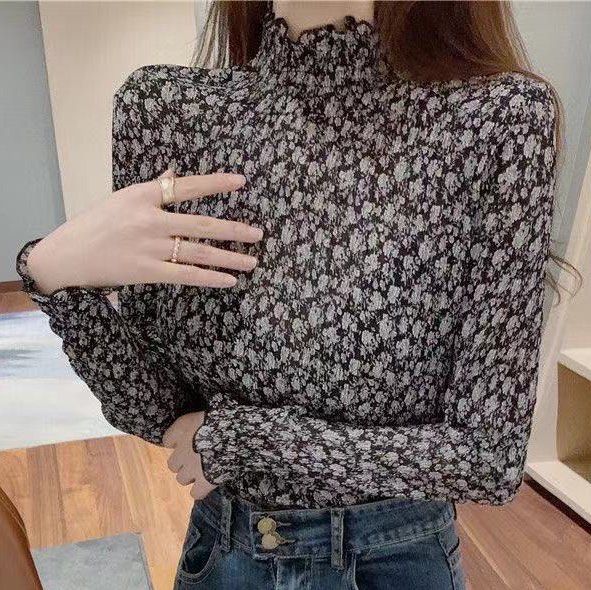 Korean Style Ladies Loose Chiffon Turtleneck Floral Long Sleeve
