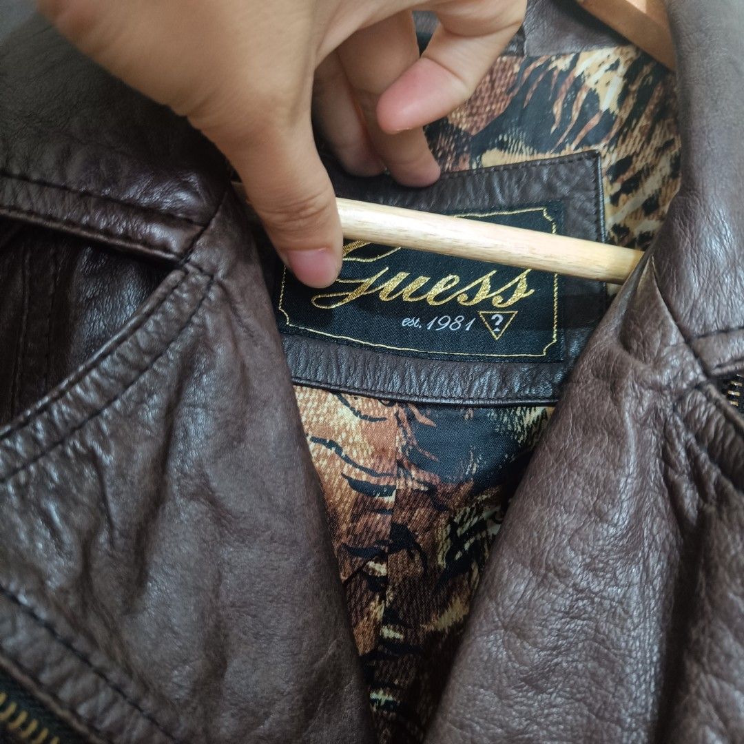 Brown leather jacket guess cheap