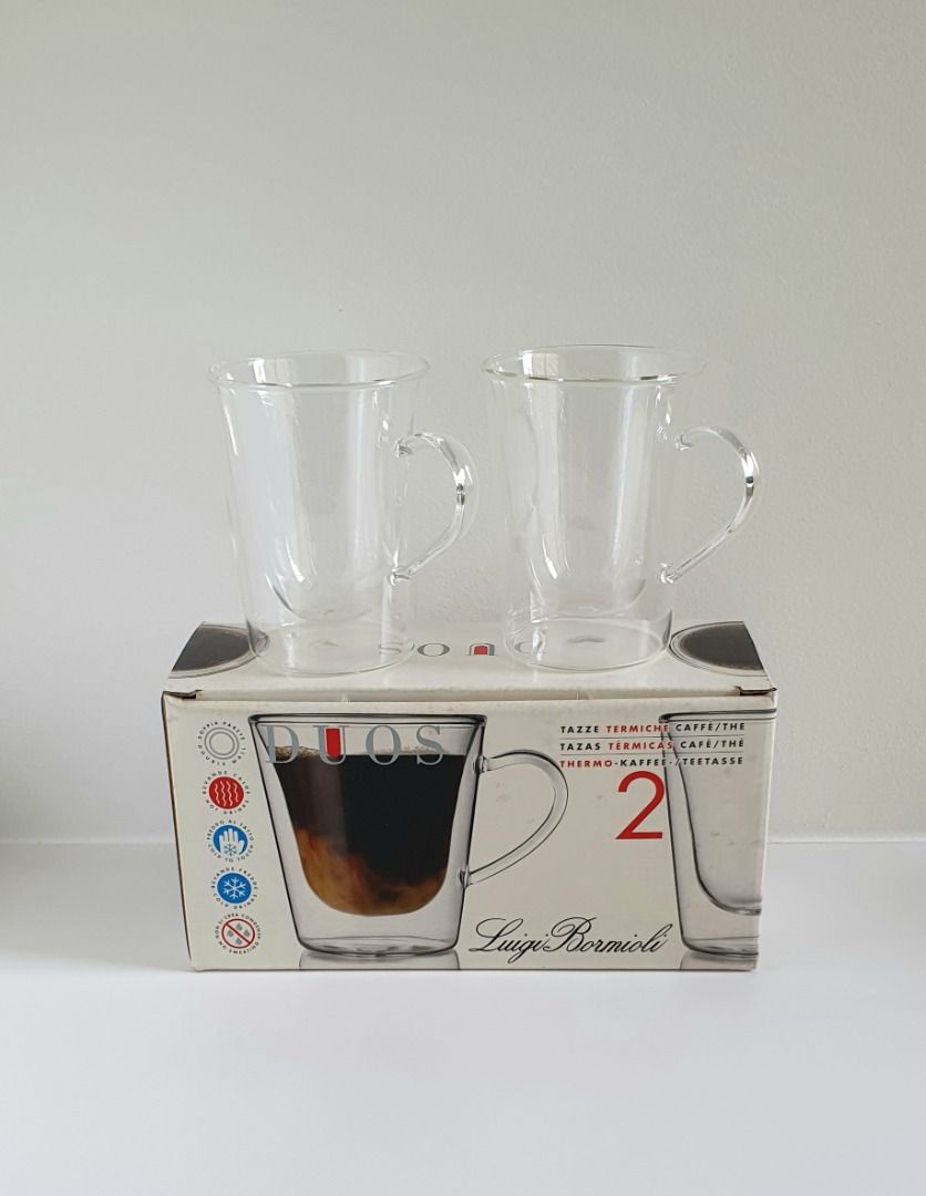 Vega Modern Clear Glass Mug with Handle, Coffee Tea Hot or Cold Drinks, Set  of 6, 10 oz