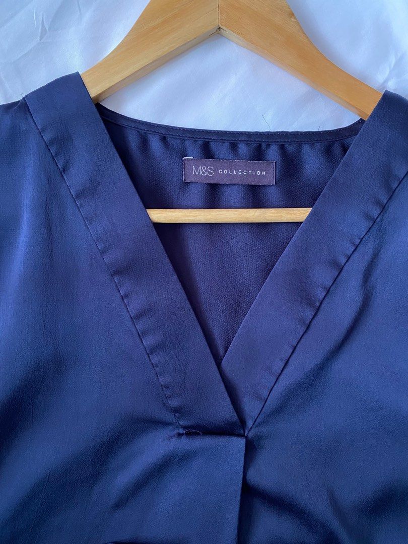 M&S Navy Satin Blouse, Women's Fashion, Tops, Blouses on Carousell
