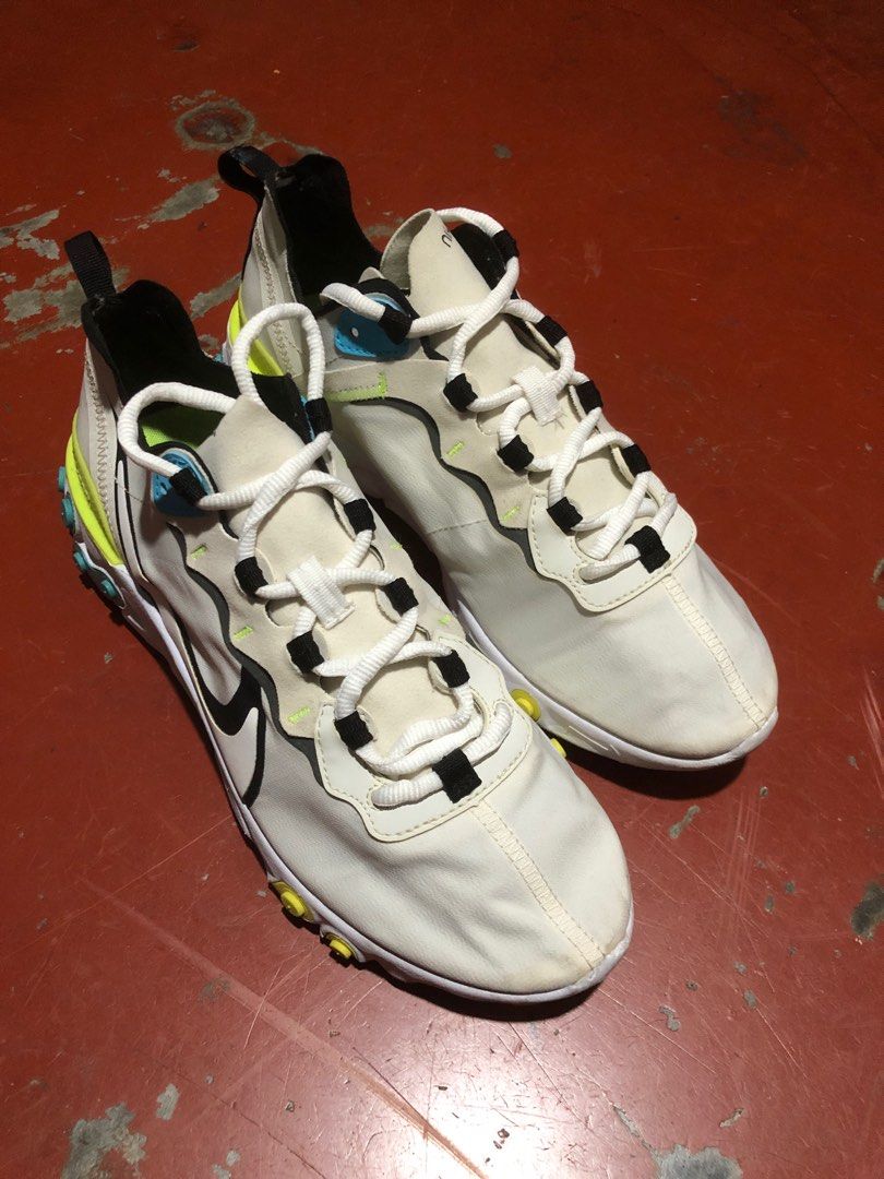 Nike React Element 55 ‘White Blue Fury Volt’(27.5 cm) (Category: Sneakers) located in Baguio. Submitted by master_of_brands (Listing ID 1254081146, Image 2). Description: Authentic Nike React Element 55 ‘White Blue Fury Volt’ Size 9.5 US/43 Europe/27.5 cm Slightly used Thick outsole No sole separation No pinhole No box In excellent condition .