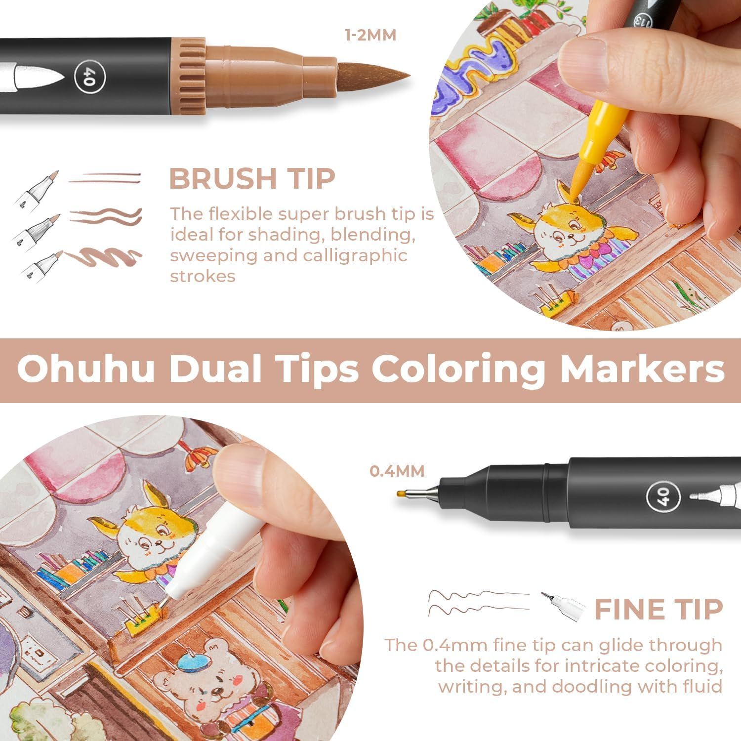 Ohuhu Markers for Adult Coloring Books: 64 Colors Art Markers Dual Brush  Chisel Tips Drawing Pens Water-Based Coloring Markers for Kids Adults