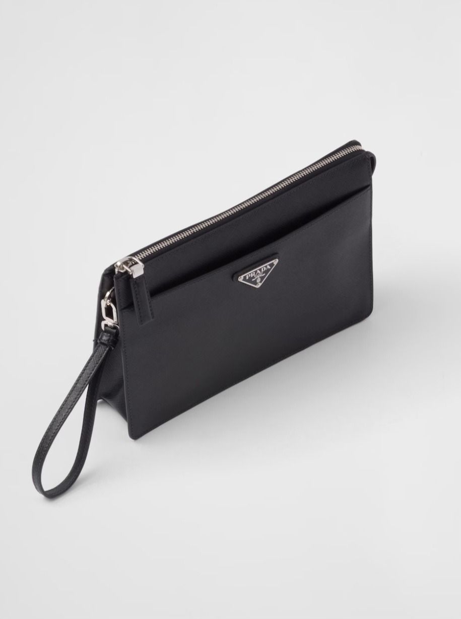 PRADA: clutch bag in nylon and saffiano leather with triangular logo -  Black